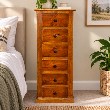 UK Handmade Solid Pine 6 Drawer 50cm Wide Bedside Table - Dewsbury Golden Oak Polished - Fully Assembled (Bespoke Sizes)