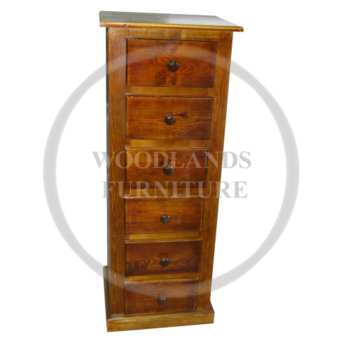DEWSBURY SOLID PINE 6 DRAWER SLIM CHEST IN BROWN MAHOGANY WAX