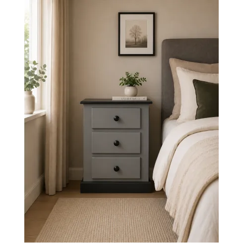 Handmade in England Country Solid Pine 3 Drawer Bedside Cabinet in Grey - Fully Assembled Handmade in England Country Solid Pine 3 Drawer Bedside Cabinet in Grey - Fully Assembled