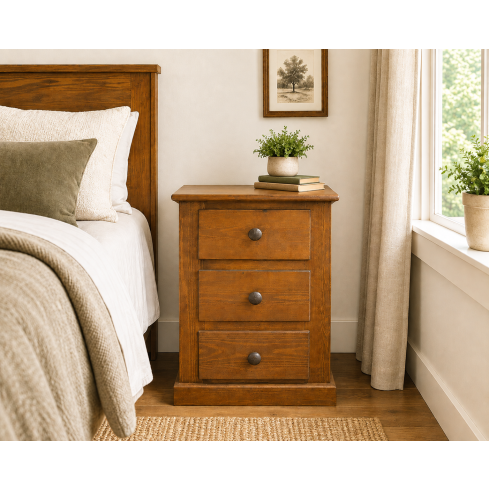 Handmade in England Dewsbury Solid Pine 3 Drawer Bedside Cabinet in Golden Oak Wax - Fully Assembled Handmade in England Dewsbury Solid Pine 3 Drawer Bedside Cabinet in Golden Oak Wax - Fully Assembled