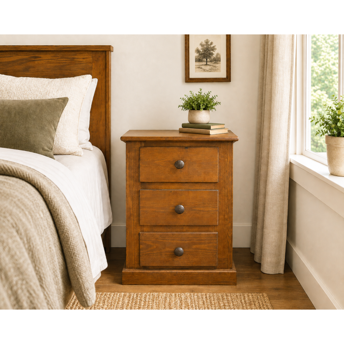 Handmade in England Dewsbury Solid Pine 3 Drawer Bedside Cabinet in Golden Oak Wax - Fully Assembled