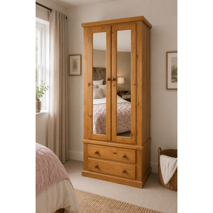 Handmade in the UK Solid Pine Double Mirrored Slim Shelved Wardrobe - Dewsbury Light Oak Wax (Made to Measure)