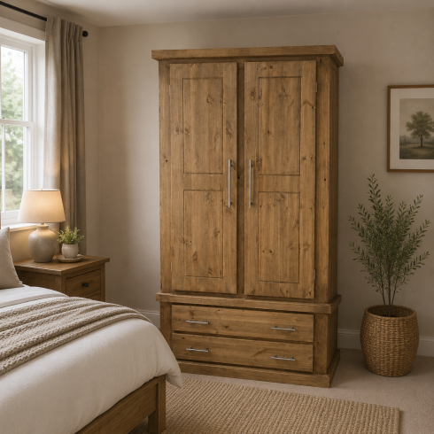 Handmade in England Dewsbury Gents Solid Pine 2 Drawer Wardrobe in Light Oak