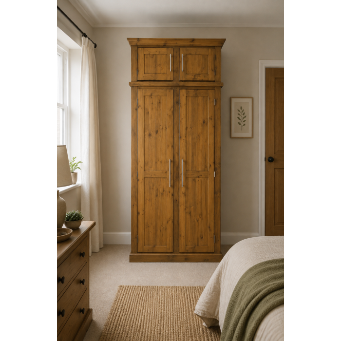 Dewsbury Solid Pine Full Hanging Ladies Shelved Wardrobe With Topbox In Kenilworth Polished