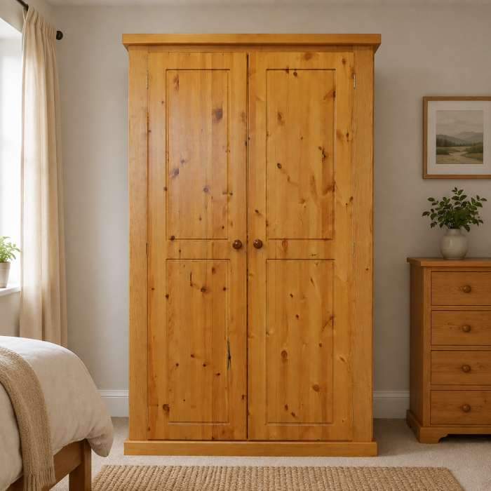 Handmade in the UK Solid Pine Full Hanging Shelved 100cm Wide Wardrobe - Dewsbury Light Oak Polished (Made to Measure)