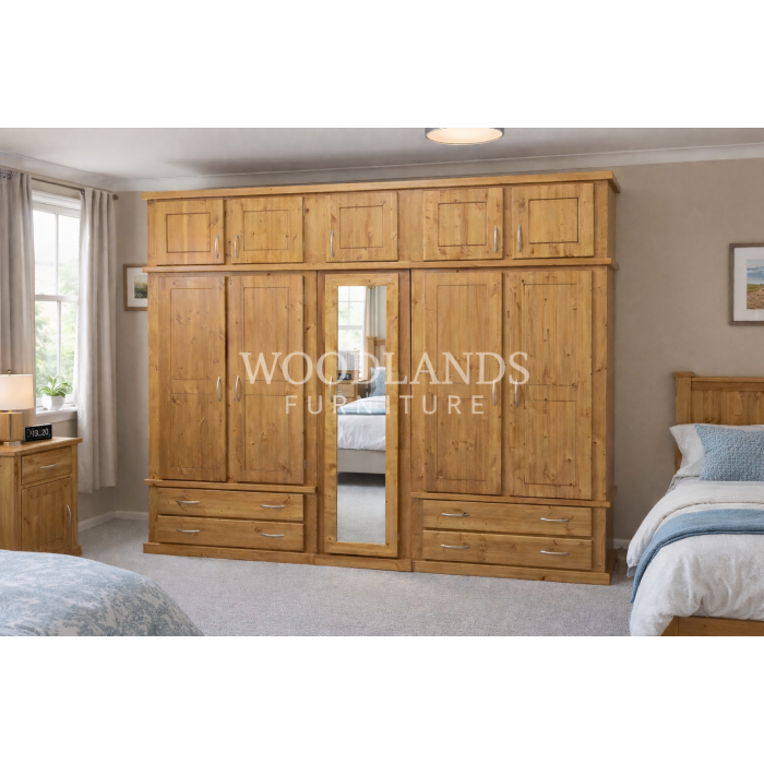 DEWSBURY SOLID PINE 5 DOOR 4 DRAWER FULL MIRRORED WARDROBE WITH TOPBOX IN LIGHT OAK POLISHED