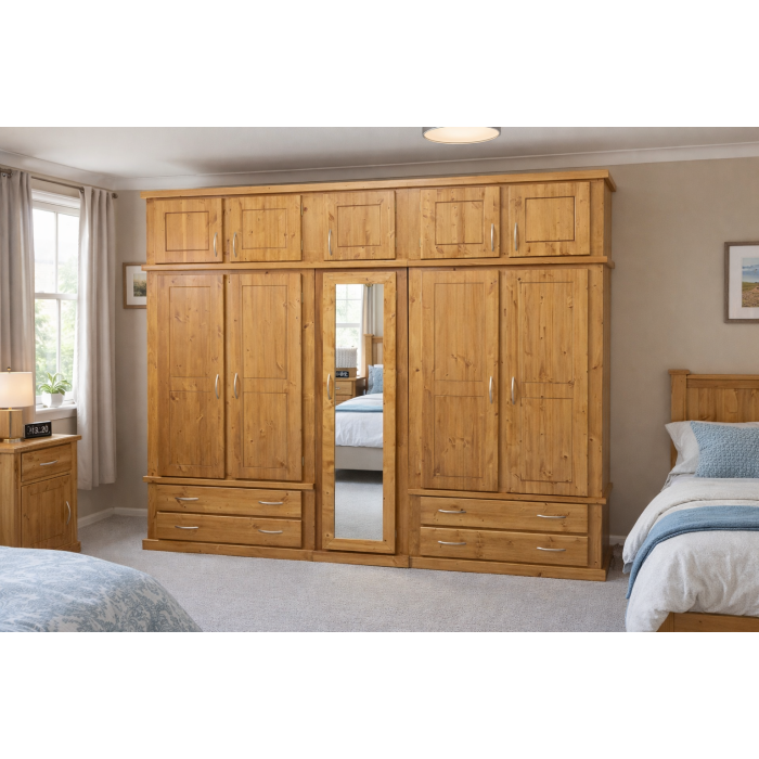 Dewsbury Solid Pine 5 Door 4 Drawer Full Mirrored Wardrobe With Topbox In Light Oak Polished
