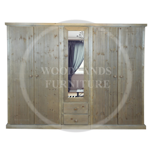 DEWSBURY SOLID PINE 5 DOOR 2 DRAWER MIRRORED WARDROBE IN MEDIUM OAK 