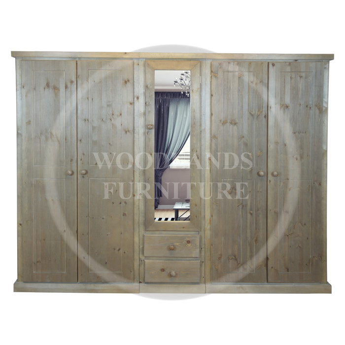 DEWSBURY SOLID PINE 5 DOOR 2 DRAWER MIRRORED WARDROBE IN MEDIUM OAK 