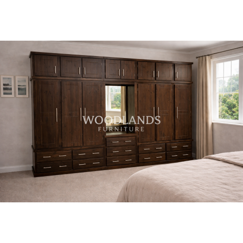DEWSBURY SOLID PINE 6 DOOR 11 DRAWER WARDROBE WITH TOPBOX IN DARK OAK POLISHED