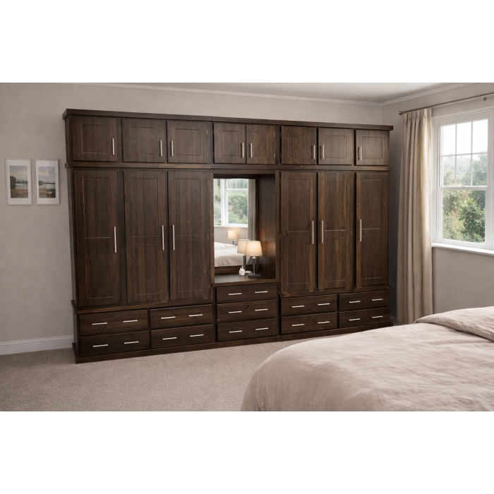 Handmade in England Dewsbury Solid Pine 6 Door 11 Drawer Wardrobe with Topbox in Dark Oak Polished