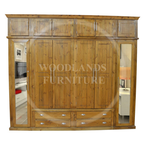 DEWSBURY SOLID PINE 6 DOOR 4 DRAWER SHELVED MIRRORED WARDROBE WITH TOPBOX IN KENILWORTH POLISHED