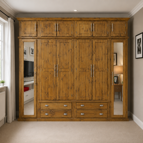 Dewsbury Solid Pine 6 Door 4 Drawer Shelved Mirrored Wardrobe With Topbox In Kenilworth Polished