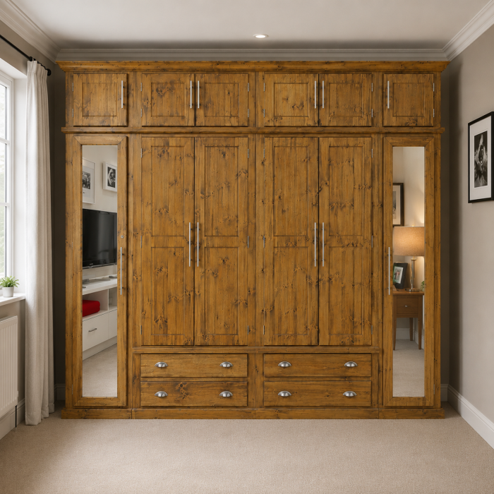 Dewsbury Solid Pine 6 Door 4 Drawer Shelved Mirrored Wardrobe With Topbox In Kenilworth Polished