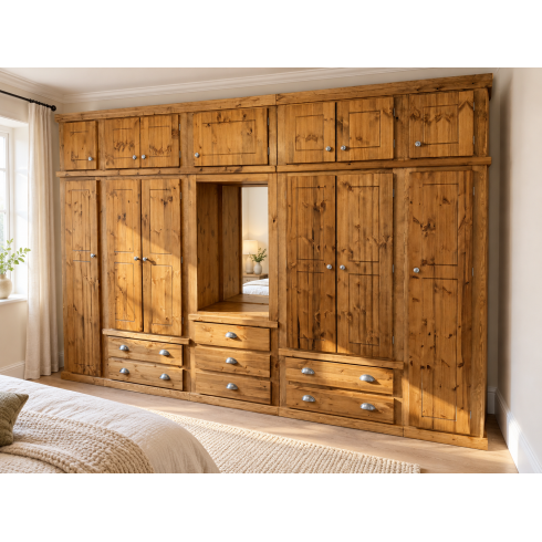 Handmade in the UK Solid Pine 6 Door 7 Drawer 368cm Wide Wardrobe with Top Box - Dewsbury Kenilworth Oak Polished (Made to Measure)