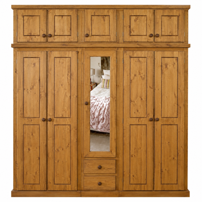 Dewsbury Solid Pine 5 Door 2 Drawer Shelved Mirrored Wardrobe With Topboxes In Light Oak Wax