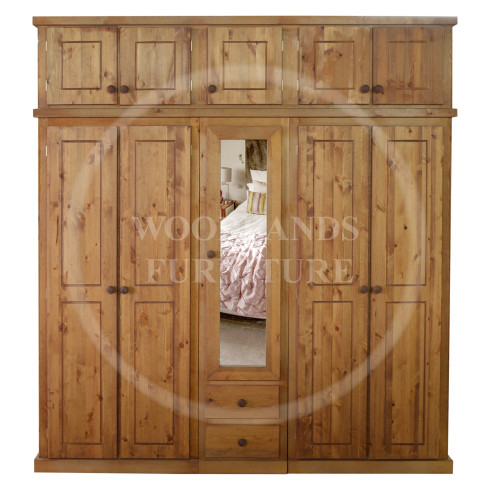 DEWSBURY SOLID PINE 5 DOOR 2 DRAWER SHELVED MIRRORED WARDROBE WITH TOPBOXES IN LIGHT OAK WAX