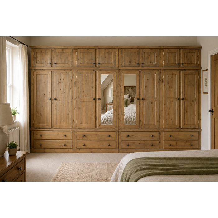 Dewsbury Solid Pine 8 Door 8 Drawer Shelved Wardrobe With Topbox In Kenilworth Wax
