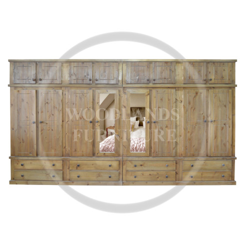 DEWSBURY SOLID PINE 8 DOOR 8 DRAWER SHELVED WARDROBE WITH TOPBOX IN KENILWORTH WAX