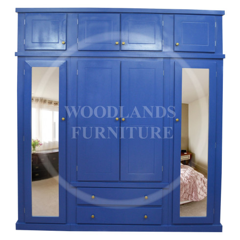 DEWSBURY PINE QUAD 4 DOOR 2 DRAWER MIRRORED SHELVED WARDROBE WITH TOPBOX IN DARK BLUE 