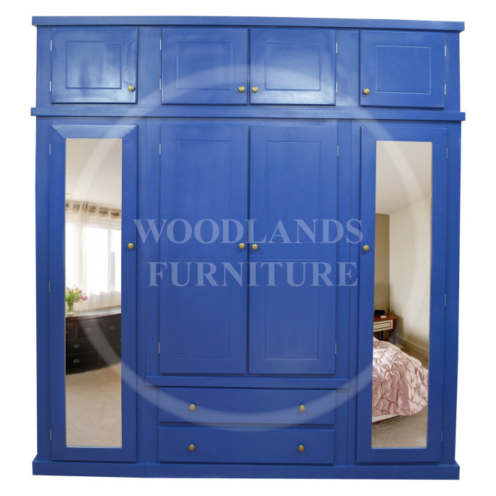 DEWSBURY PINE QUAD 4 DOOR 2 DRAWER MIRRORED SHELVED WARDROBE WITH TOPBOX IN DARK BLUE 