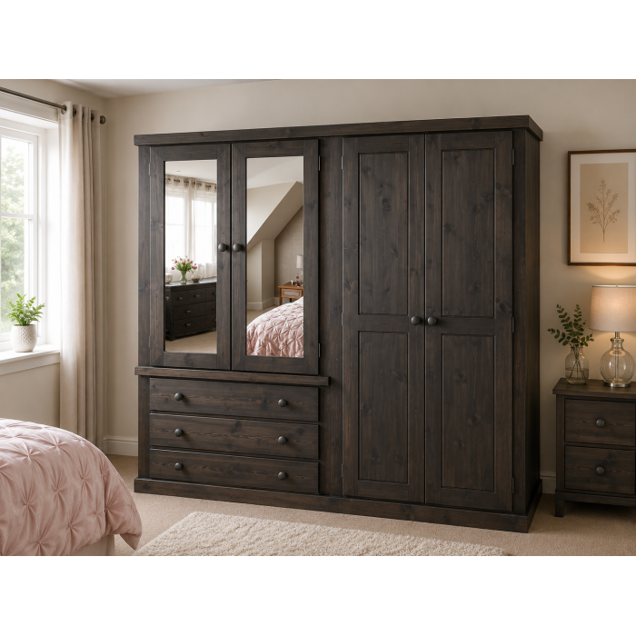 Dewsbury Pine Quad 4 Door 3 Drawer Mirrored Wardrobe In Walnut Wax