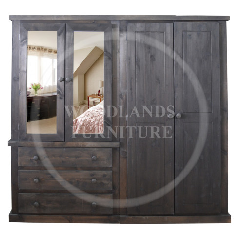 DEWSBURY PINE QUAD 4 DOOR 3 DRAWER MIRRORED WARDROBE IN WALNUT WAX