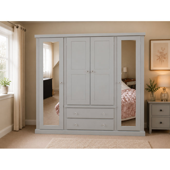 DEWSBURY PINE QUAD 4 DOOR 2 DRAWER MIRRORED WARDROBE IN GREY DEWSBURY PINE QUAD 4 DOOR 2 DRAWER MIRRORED WARDROBE IN GREY