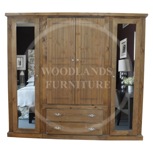DEWSBURY PINE QUAD 4 DOOR 2 DRAWER MIRRORED WARDROBE IN OLD ANTIQUE WAX