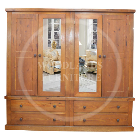 DEWSBURY SOLID PINE QUAD 4 DOOR 4 DRAWER MIRRORED WARDROBE IN GOLDEN OAK WAX
