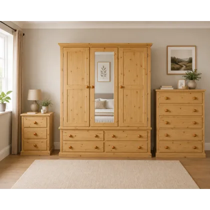 Handmade in England Dewsbury Pine Triple Mirrored 3 Piece Bedroom Set in Antique Polished