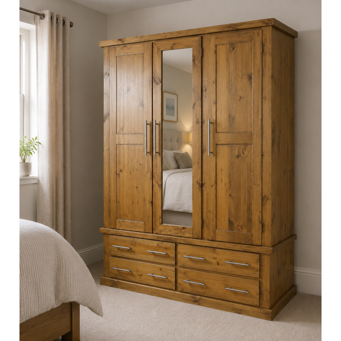Handmade in England Dewsbury Pine Triple 4 Drawer Mirrored Shelved Wardrobe in Kenilworth Oak Polished