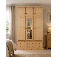 Dewsbury Pine Triple 4 Drawer Mirrored Wardrobe With Topbox In Antique Wax Dewsbury Pine Triple 4 Drawer Mirrored Wardrobe With Topbox In Antique Wax