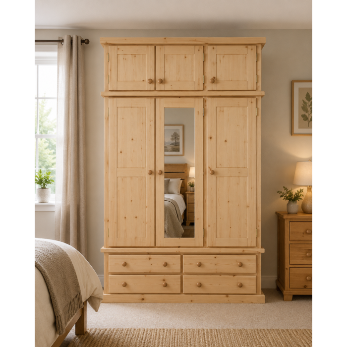 DEWSBURY PINE TRIPLE 4 DRAWER MIRRORED WARDROBE WITH TOPBOX IN ANTIQUE WAX DEWSBURY PINE TRIPLE 4 DRAWER MIRRORED WARDROBE WITH TOPBOX IN ANTIQUE WAX