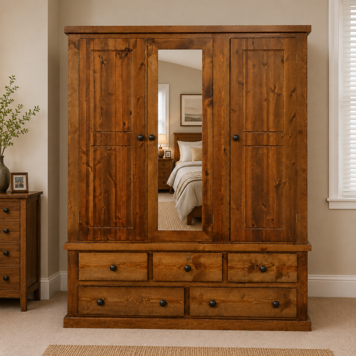 Dewsbury Pine Triple 5 Drawer Mirrored Wardrobe In Golden Oak Wax