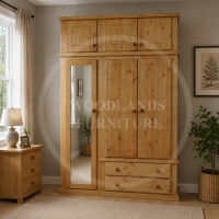 DEWSBURY PINE TRIPLE FULL MIRRORED WARDROBE WITH TOPBOXES IN LIGHT OAK POLISHED 