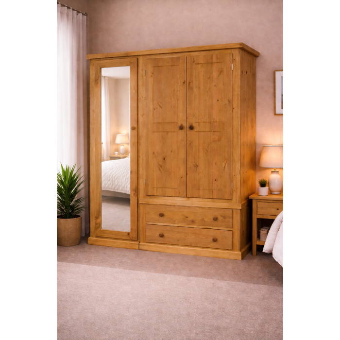 Handmade in England Dewsbury Pine Triple Full Mirrored Wardrobe in Light Oak Wax