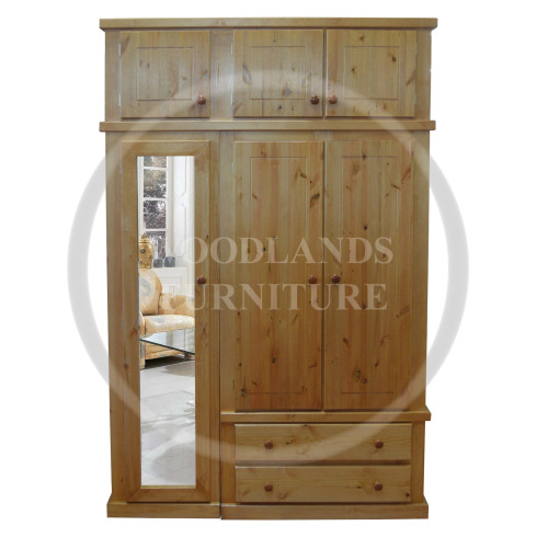 DEWSBURY PINE TRIPLE FULL MIRRORED WARDROBE WITH TOPBOXES IN LIGHT OAK POLISHED 