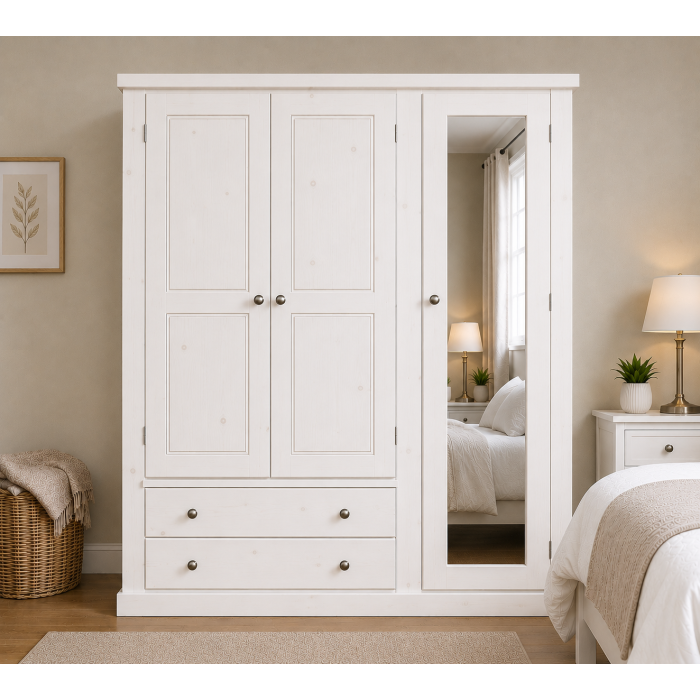 Dewsbury Pine Triple Full Mirrored Wardrobe In White