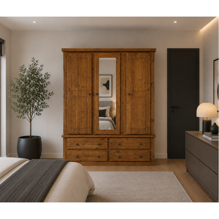 Dewsbury Pine Triple 4 Drawer Mirrored Wardrobe In Light Oak Polished