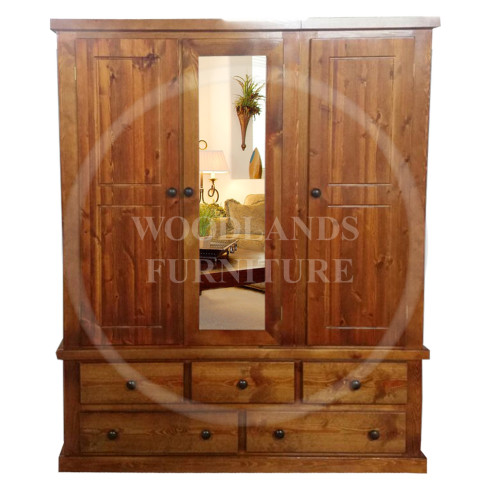 DEWSBURY PINE TRIPLE 5 DRAWER MIRRORED WARDROBE IN GOLDEN OAK WAX