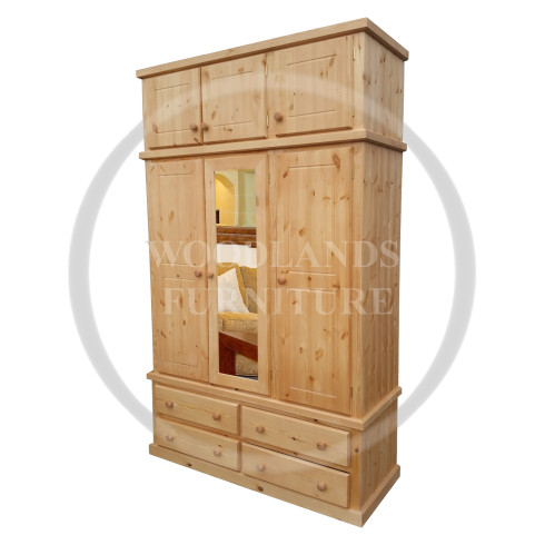 DEWSBURY PINE TRIPLE 4 DRAWER MIRRORED WARDROBE WITH TOPBOX IN ANTIQUE WAX