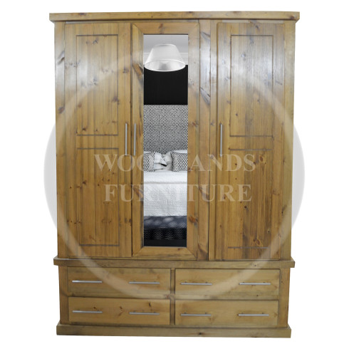 DEWSBURY PINE TRIPLE 4 DRAWER MIRRORED SHELVED WARDROBE IN KENILWORTH OAK POLISHED