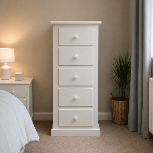 Handmade in England Dewsbury 5 Drawer Slim Chest of Drawers in Ivory - Fully Assembled Handmade in England Dewsbury 5 Drawer Slim Chest of Drawers in Ivory - Fully Assembled