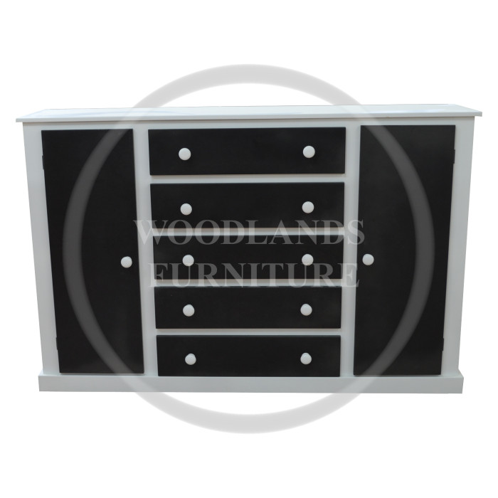 DEWSBURY 2 DOOR 5 DRAWER CHEST SHELVED IN WHITE WITH BLACK DOOR AND DRAWERS DEWSBURY 2 DOOR 5 DRAWER CHEST SHELVED IN WHITE WITH BLACK DOOR AND DRAWERS