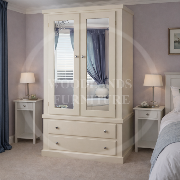 DEWSBURY DOUBLE MIRRORED 2 DRAWER WARDROBE IN IVORY DEWSBURY DOUBLE MIRRORED 2 DRAWER WARDROBE IN IVORY