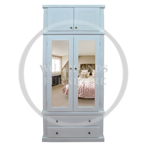 DEWSBURY DOUBLE MIRRORED SHELVED WARDROBE WITH TOPBOX IN WHITE