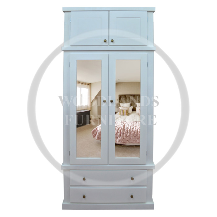 DEWSBURY DOUBLE MIRRORED SHELVED WARDROBE WITH TOPBOX IN WHITE DEWSBURY DOUBLE MIRRORED SHELVED WARDROBE WITH TOPBOX IN WHITE
