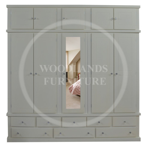 DEWSBURY 5 DOOR 8 DRAWER MIRRORED WARDROBE WITH TOPBOX IN IVORY