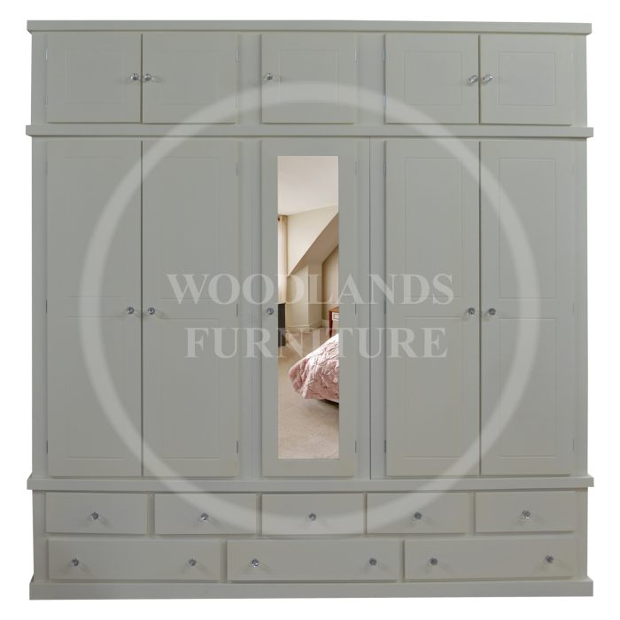 Handmade in England Dewsbury 5 Door 8 Drawer Mirrored Wardrobe with Topbox in Ivory
